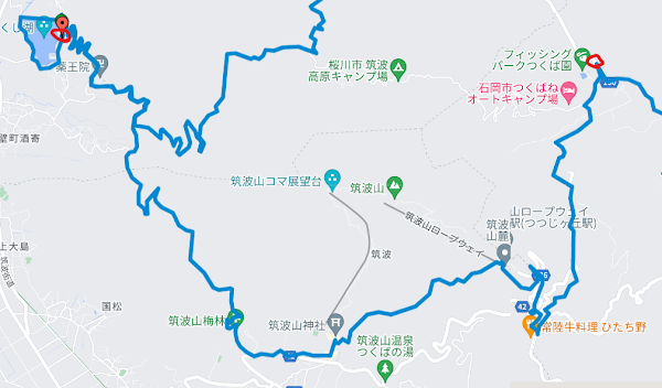 筑波山神社から梅園を経由する南側ルートマップ。観光名所を巡る華やかな終盤戦