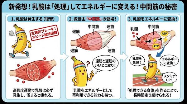 乳酸が中間筋によって処理されATPとして再びエネルギーに変換される仕組みを、ランニング例で解説した図解イラスト