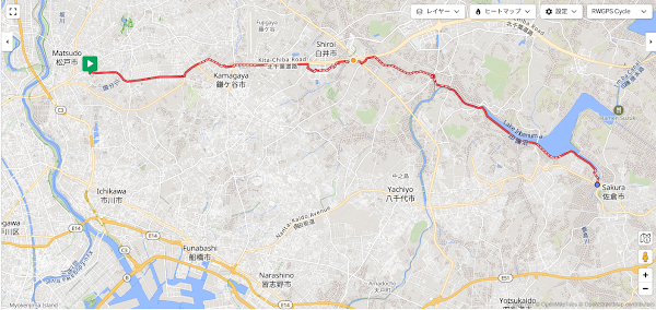市街地の細かい道路をRide with GPSのFollow Roads機能で正確に吸着させているルート作成画面