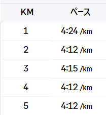 つくばマラソン序盤1kmから5kmまでの実際のラップタイム一覧。設定ペース4分12秒前後で安定している様子