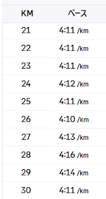 つくばマラソン21kmから30kmまでの実際のラップタイム一覧。4分11秒前後を維持しつつ、スライド区間で意図的にペースを落としている様子