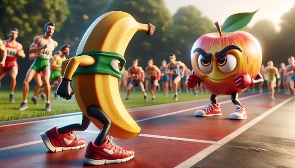 バナナのランナーがリンゴのランナーと正面から向き合い勝負スイッチが入る瞬間のイメージイラスト - 第33章