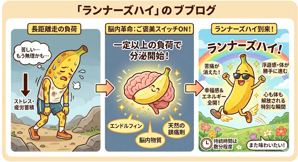 ランナーズハイの仕組みを図解：負荷→エンドルフィン分泌→快感が生まれる流れの解説イラスト