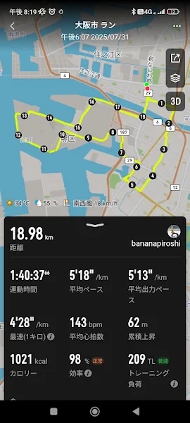 真夏34℃の中で実施した19kmロング走（大阪市）