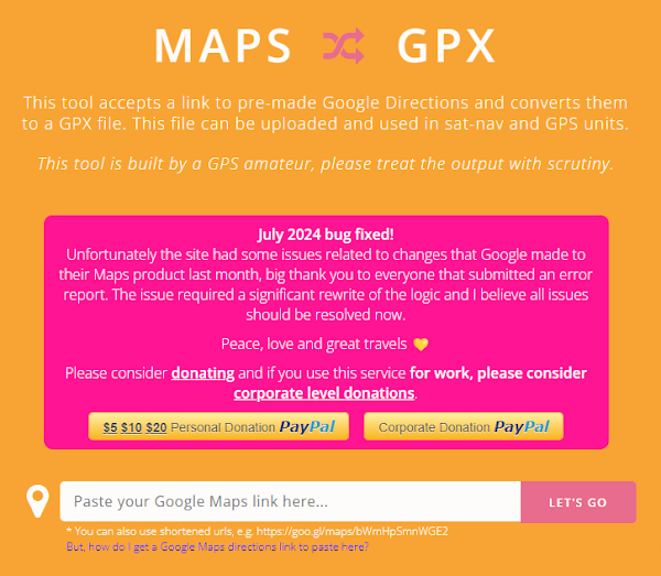 Maps to GPXの変換画面｜Googleマップのリンクを貼ってGPXファイルをダウンロードする手順