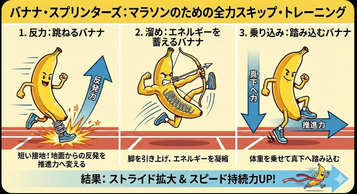 マラソンのスピード不足を解消するスキップレペテーションの動作構造を示した図解。反力・足の溜め・乗り込みを段階的に解説