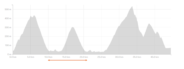 筑波山45kmコース10〜21km地点の高低差グラフ。270mの登りと下りがセットになっている