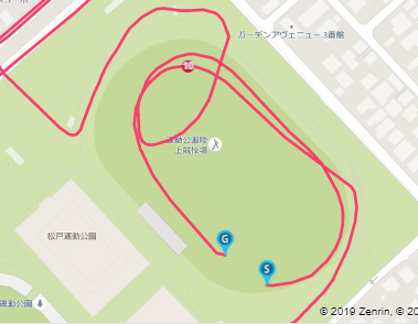 松戸市七草マラソン大会の競技場内GPS軌跡図。トラック内を余分に周回し距離超過していることが分かる - 第28章