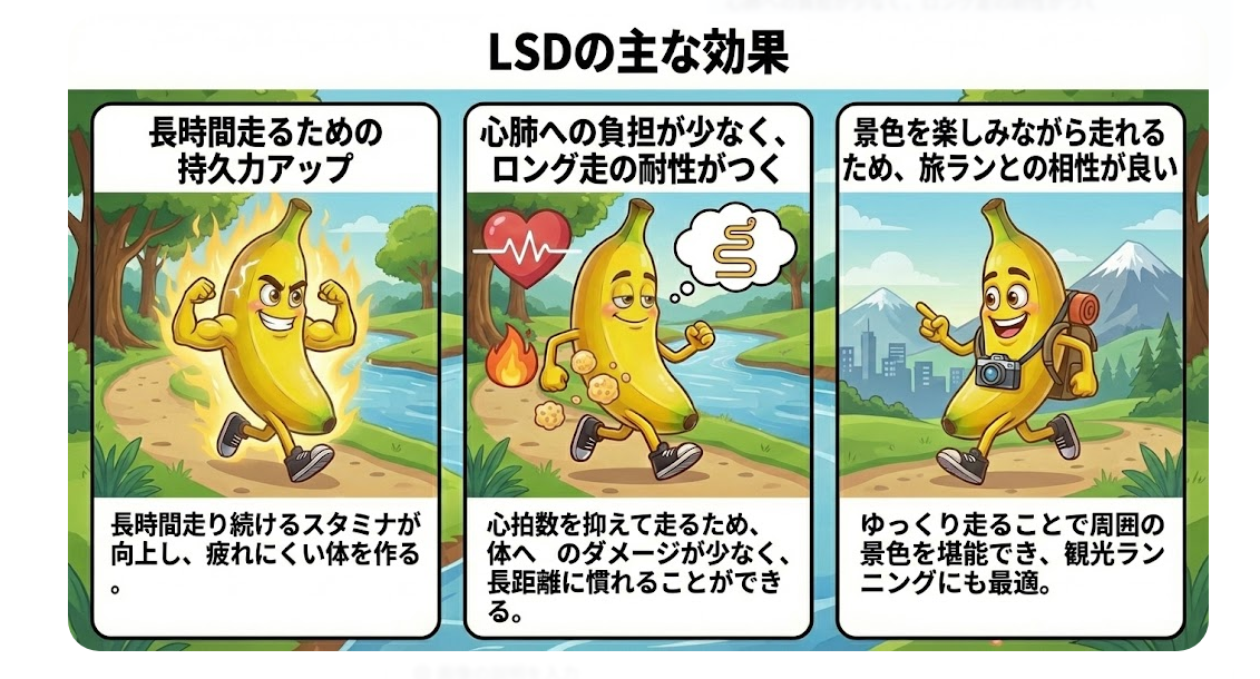 LSDの主な効果を説明する図解：持久力アップや旅ランとの相性などのメリット