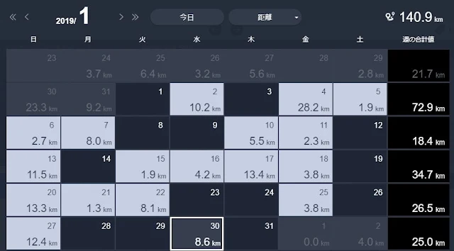 2019年1月のランニングカレンダー。日別走行距離と月間合計140.9kmのトレーニング記録 - 第29章