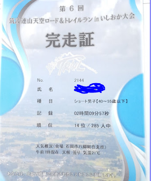第6回筑波連山天空ロード＆トレイルランinいしおか 完走証