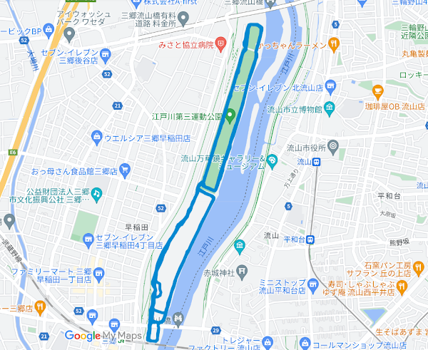 芝生１周５kmのランニングコース、三郷駅からアクセス可で無料駐車場あり