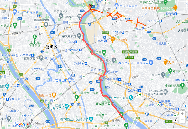 松戸から市川への河川敷芝生３０kmのランニングコース給水・トイレ無料駐車場あり