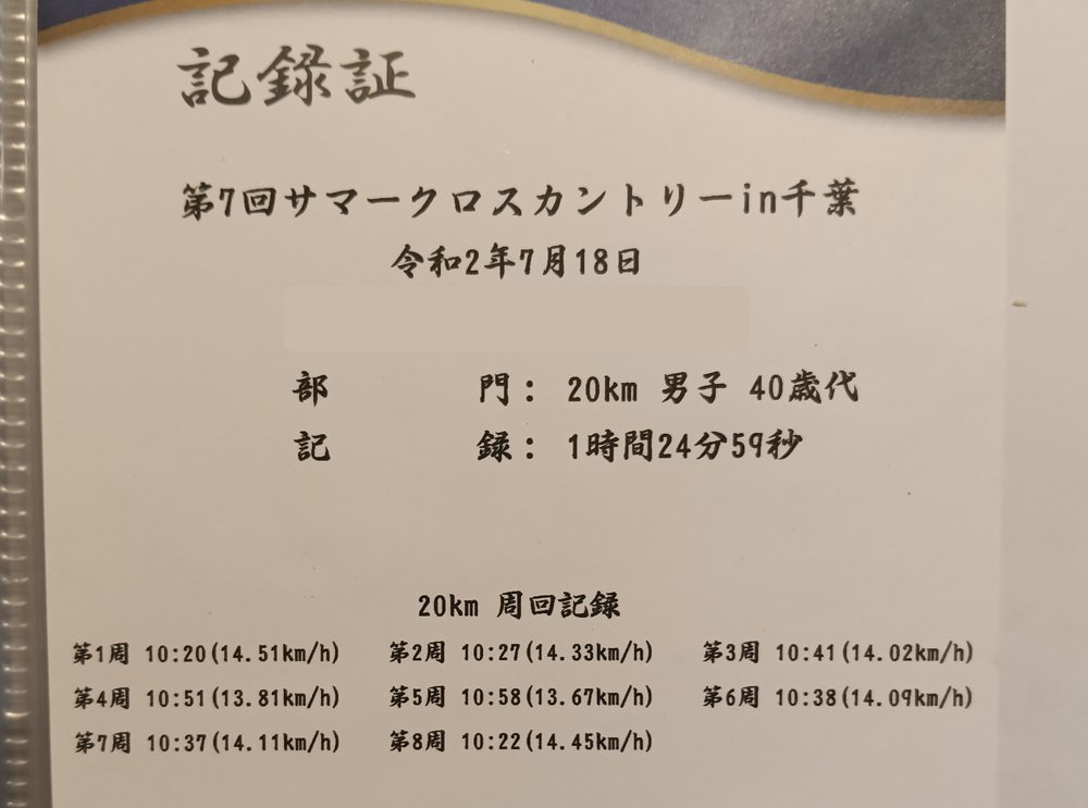 第7回サマークロスカントリーin千葉の記録証。20km男子40歳代 1時間24分59秒と8周の周回記録