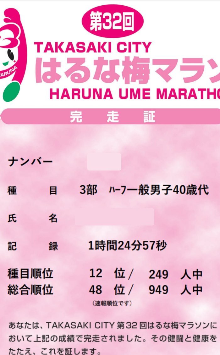 第32回はるな梅マラソンの完走証。ハーフ一般男子40歳代 1時間24分57秒 12位