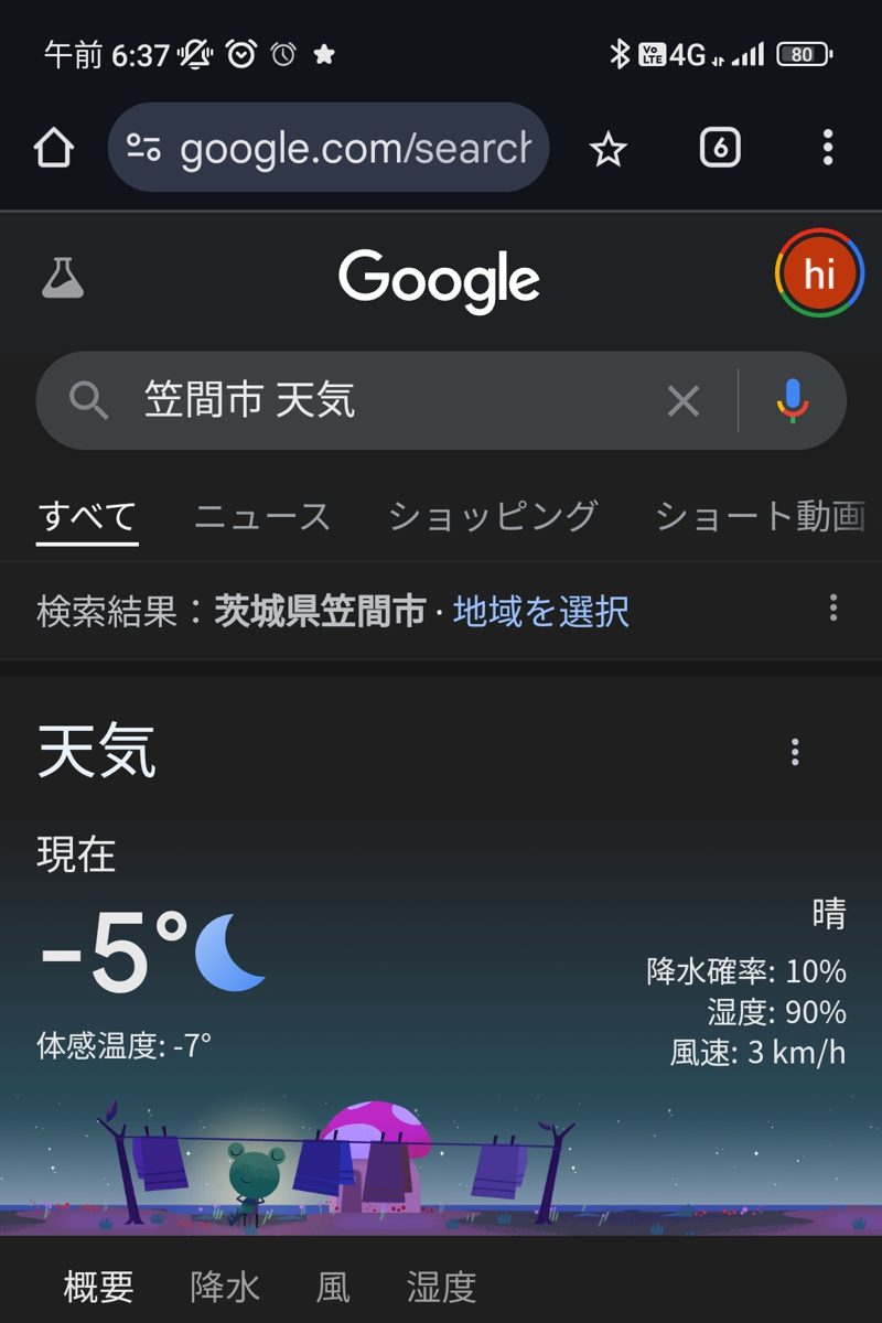 2024年12月15日朝6時37分の笠間市の天気。気温マイナス5度・体感マイナス7度