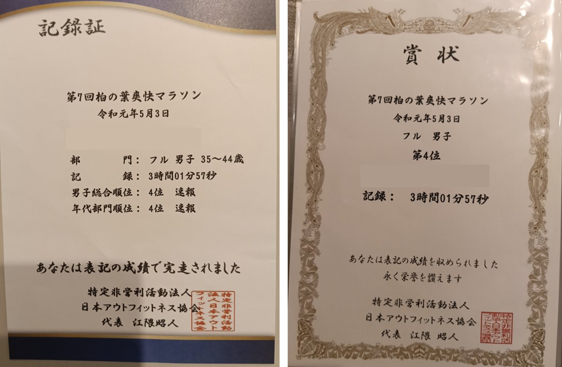 第7回柏の葉爽快マラソンの記録証と賞状。フル男子 3時間01分57秒・男子総合4位