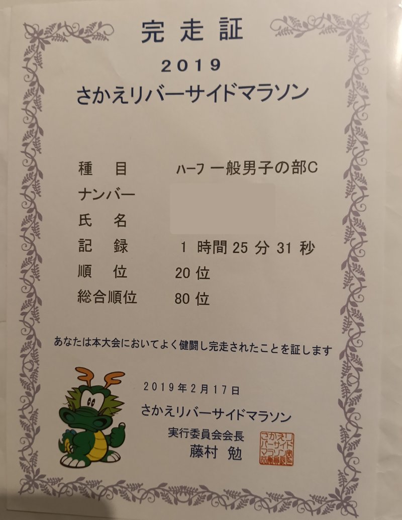 2019さかえリバーサイドマラソンの完走証。ハーフ一般男子の部C 1時間25分31秒・20位・総合80位