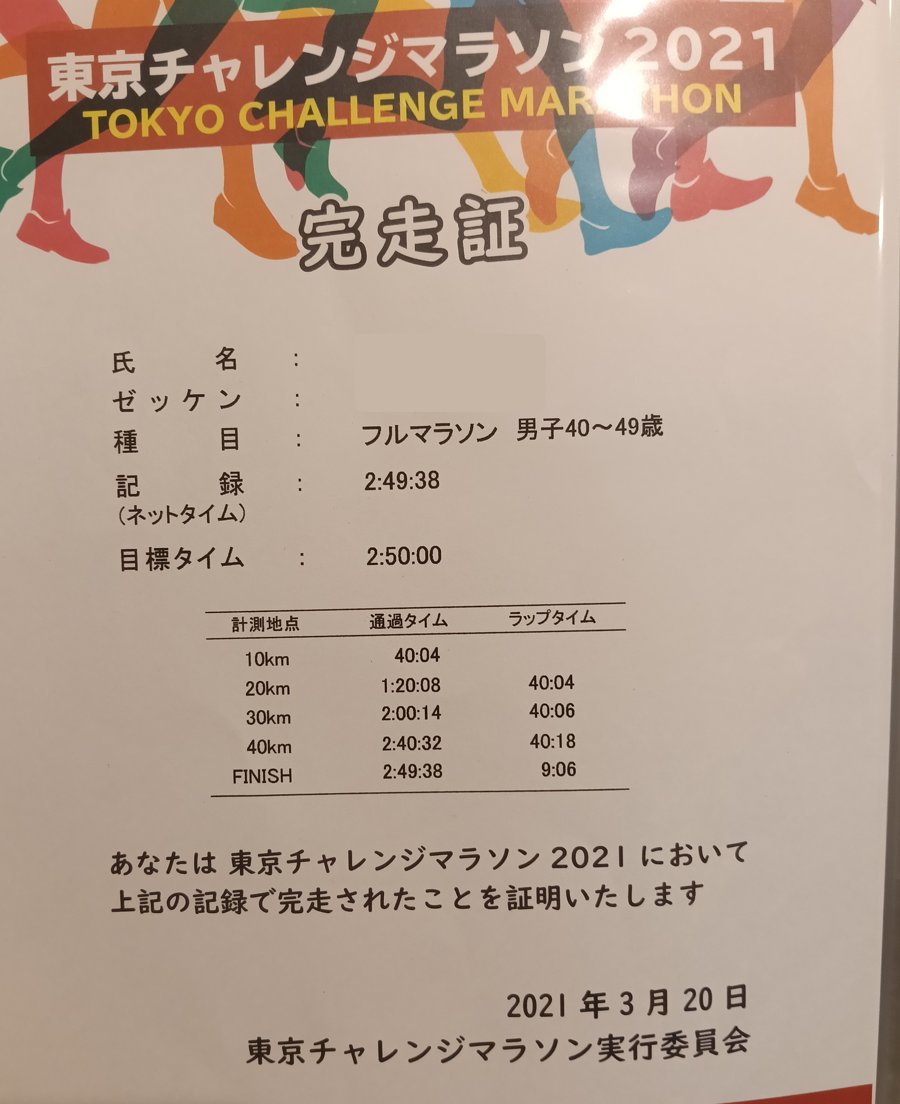 東京チャレンジマラソン2021の完走証。フルマラソン男子40〜49歳 ネットタイム2時間49分38秒・目標タイム2時間50分00秒