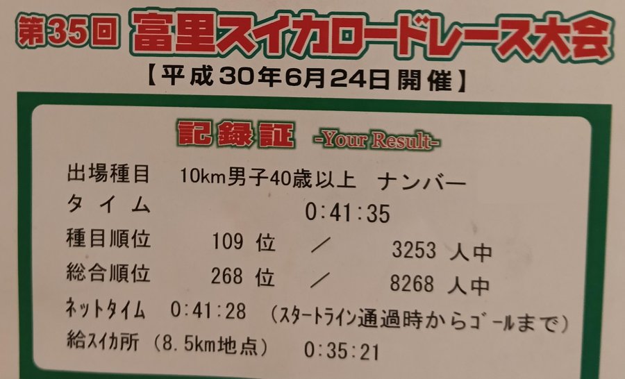 第35回富里スイカロードレース大会の記録証。10km男子40歳以上 0:41:35・ネット0:41:28・給スイカ所8.5km地点0:35:21