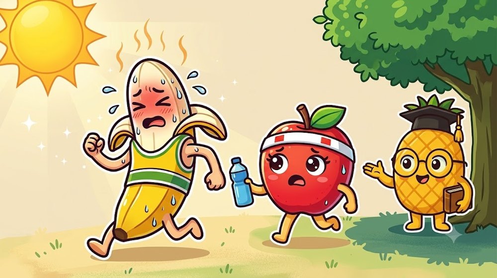 真夏の日差しの下で汗だくになり顔を赤くして走るバナナぴろしに、りんごちゃんが水を差し出し、ナップル博士が木陰に招いている