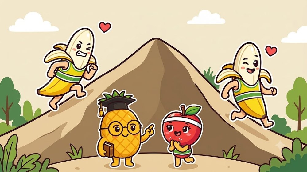 山の形の道で、上り坂は前かがみで歩幅を小さく、下り坂は力を抜いて走るバナナぴろし。2人の頭上に同じ大きさのハート
