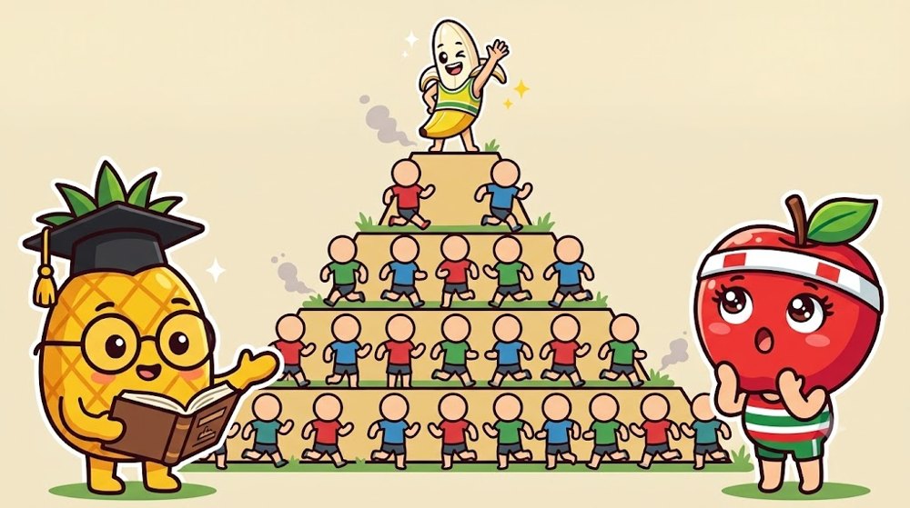 ピラミッドの形に並ぶたくさんのランナー。下の段ほど多く、上の段ほど少なく、頂上にバナナぴろしが立っている