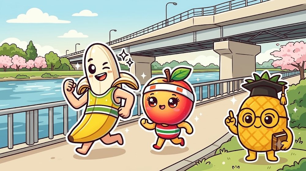 春の昼、川にかかる橋を渡って走る
