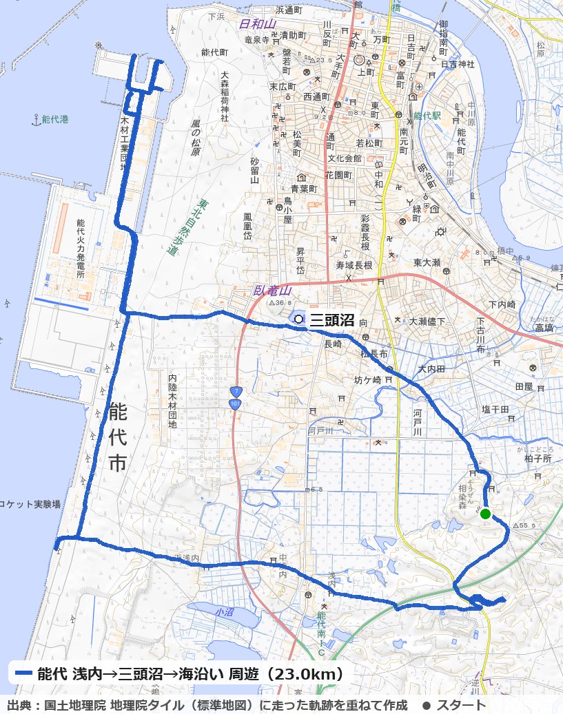 能代市浅内から三頭沼・海沿いを回るコースの地図