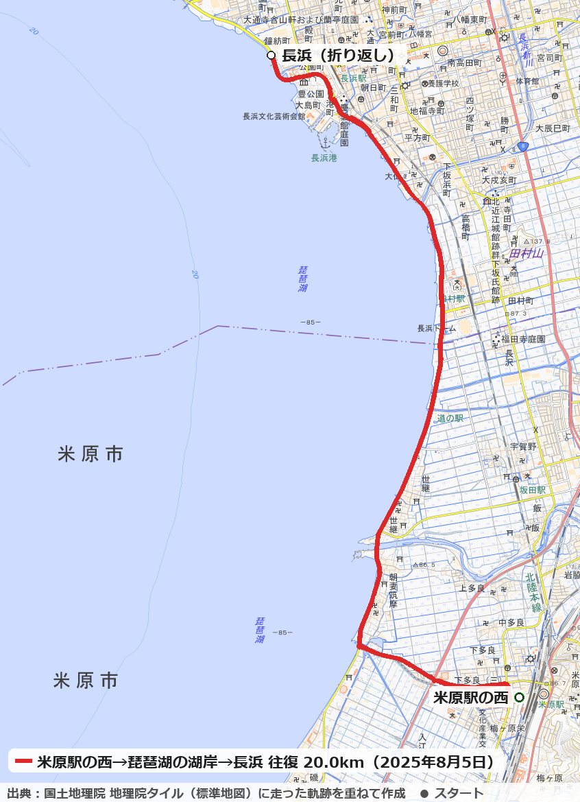 米原駅の西から琵琶湖の湖岸に出て、長浜まで往復した20.0kmのコースの地図
