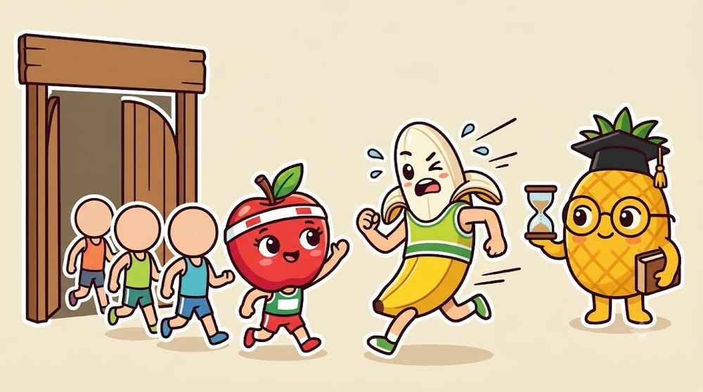 大会の受付の門の前に長い行列ができ、扉が閉まりかけている。列の後ろからバナナぴろしが焦った顔で走って追いかけ、列の中からりんごちゃんが手を振っている