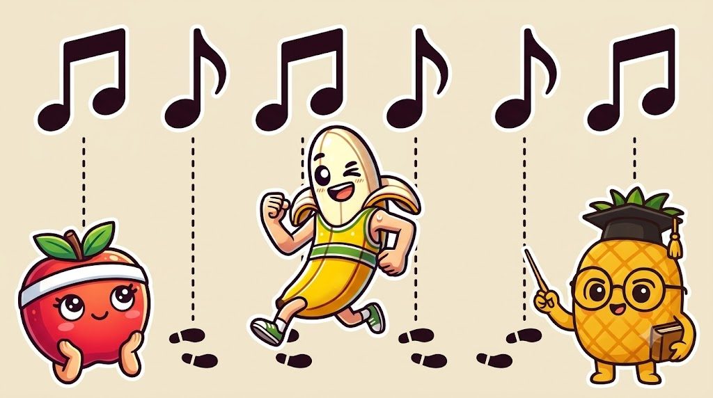 曲の拍(音符)と、走る足の着地が1つずつそろっている様子を表した説明図