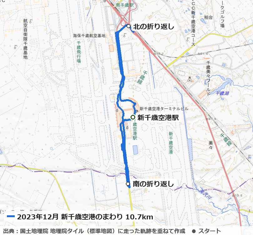 新千歳空港駅から滑走路のあいだの道を南北に往復したコースの地図