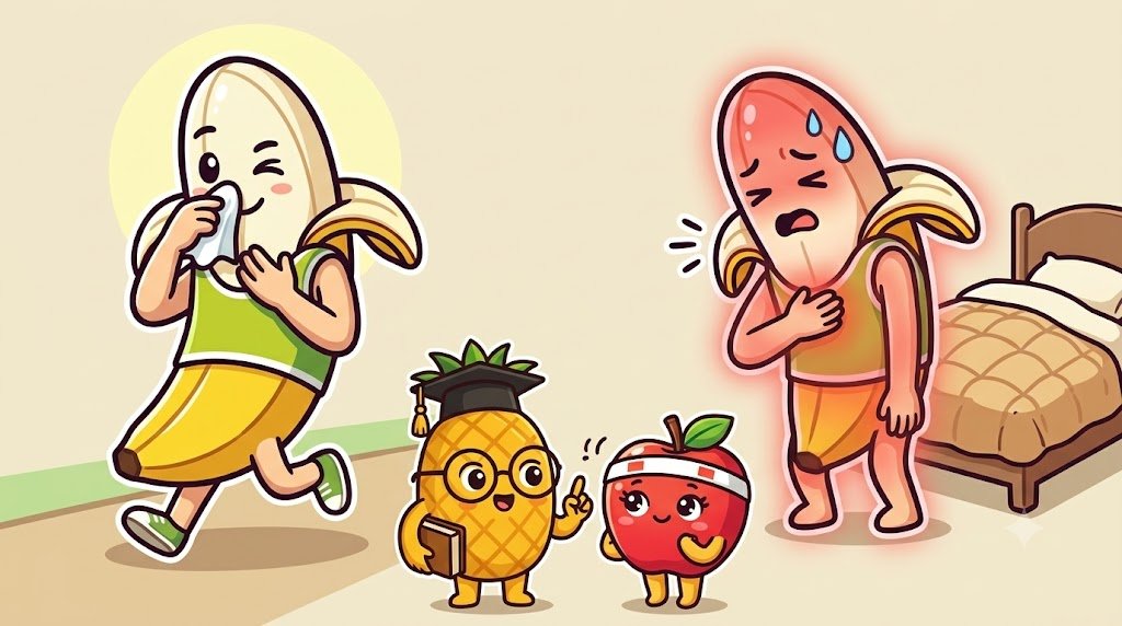 左は鼻と喉だけの症状で軽く走るバナナぴろし、右は顔が赤く体じゅうがつらそうで休むバナナぴろしを比べた説明図
