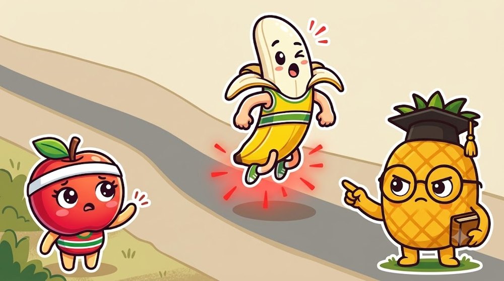 灰色の帯の道から1か所だけ跳び出しているバナナぴろし