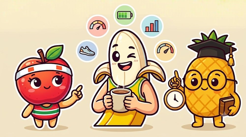 コーヒーを持つバナナぴろしのまわりに5つのアイコン