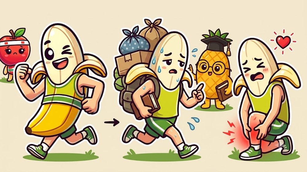 元気に走るバナナぴろし、荷物を重ねて背負ったまま走り続けるバナナぴろし、ふくらはぎを押さえてしゃがむバナナぴろしの3人。心臓は元気だが足元が赤く光っている
