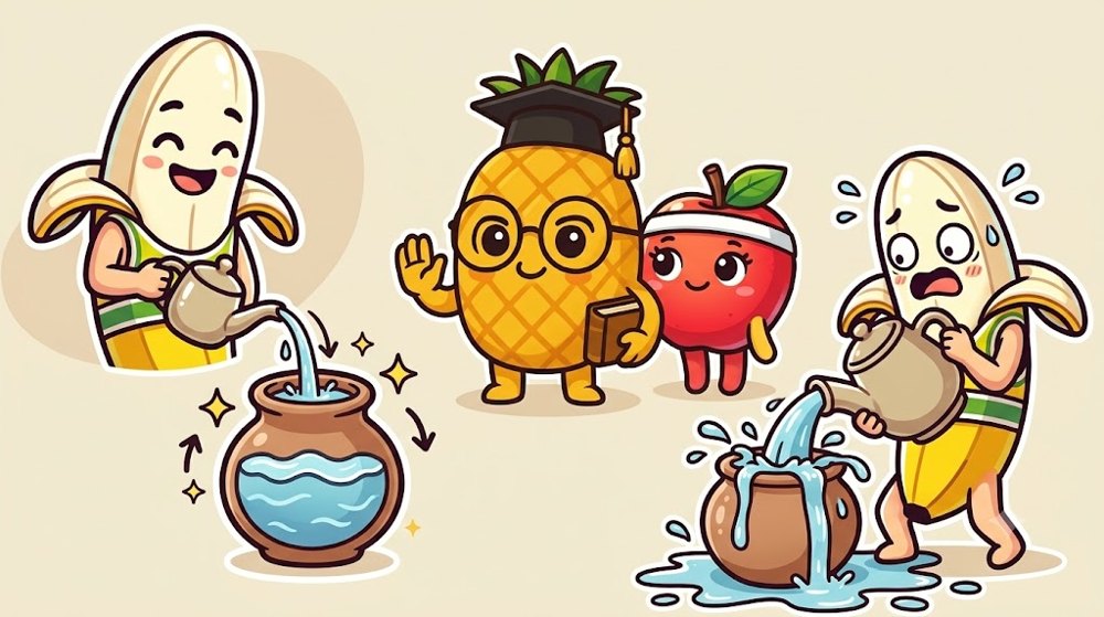 水がめにじょうろで水を注ぐ説明図。少しずつ注ぐと器が大きくなり、一気に注ぐとあふれる