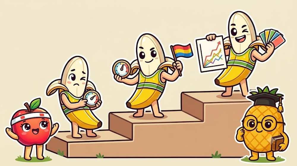 見る道具が少しずつ増えていく階段の絵