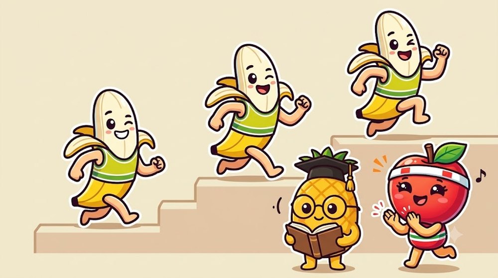 低い3段の階段を、バナナぴろしがゆっくりから少しずつ速く上っていくイラスト。横でりんごちゃんが応援し、ナップル博士がうなずいている