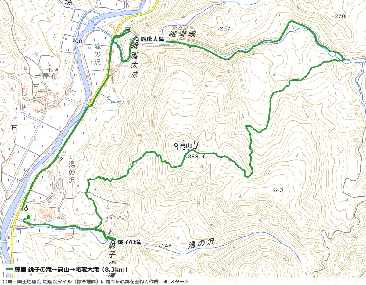 藤里町の銚子の滝・高山・峨瓏大滝を回るコースの地図