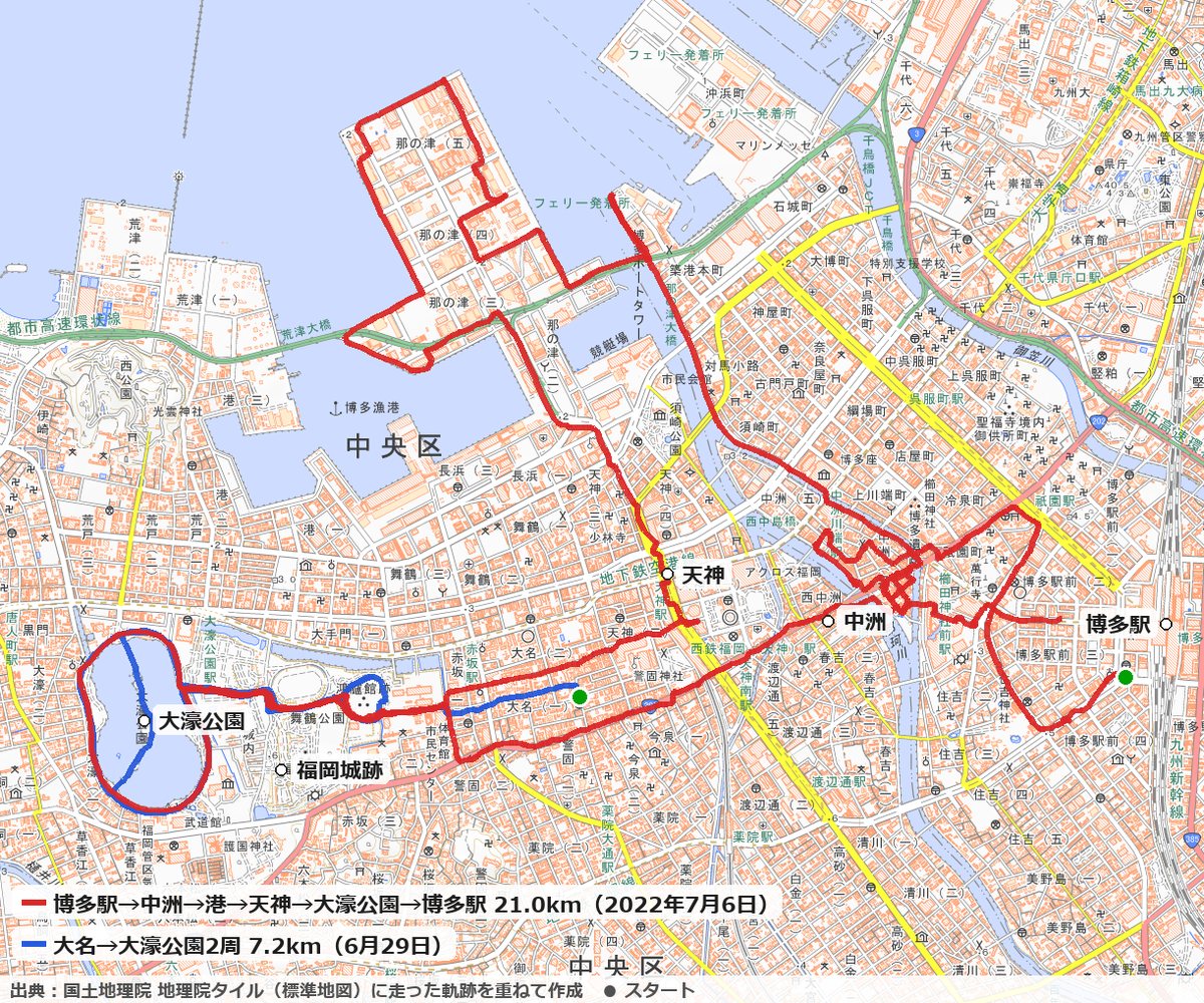 博多駅から港と天神を回って大濠公園へ行った21.0kmと、大名から大濠公園を2周した7.2kmのコースの地図