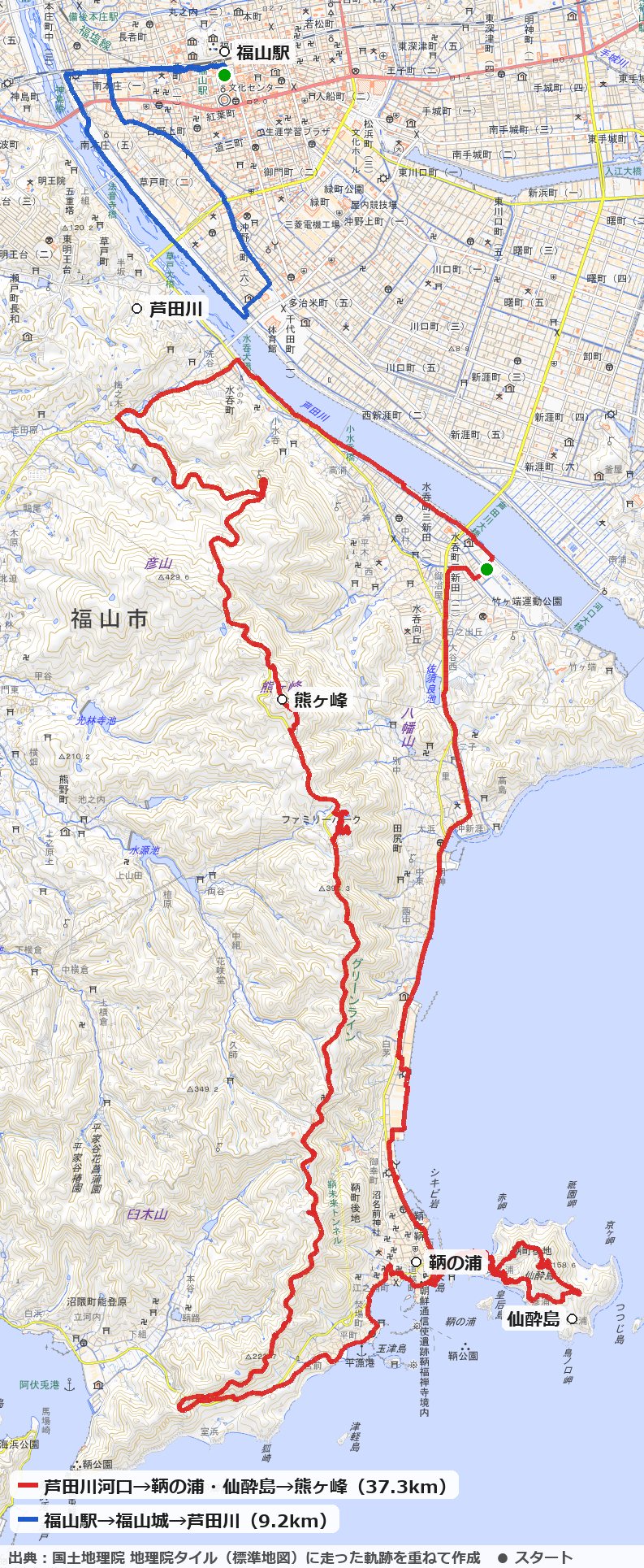 福山の芦田川河口から鞆の浦・仙酔島・熊ヶ峰を回るコースの地図