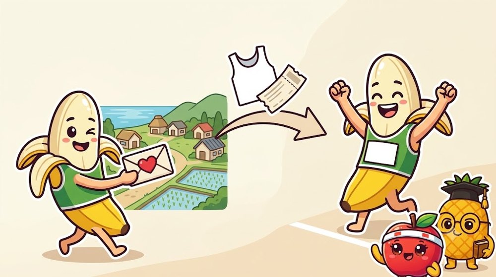寄付をするとゼッケンと出走の切符が届き、スタートラインに立てることを表す説明図