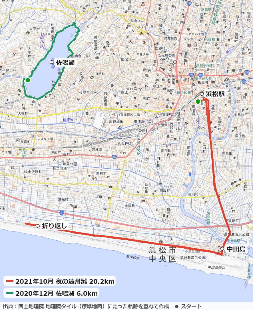 浜松駅から中田島・遠州灘沿いを走ったコースと佐鳴湖の地図