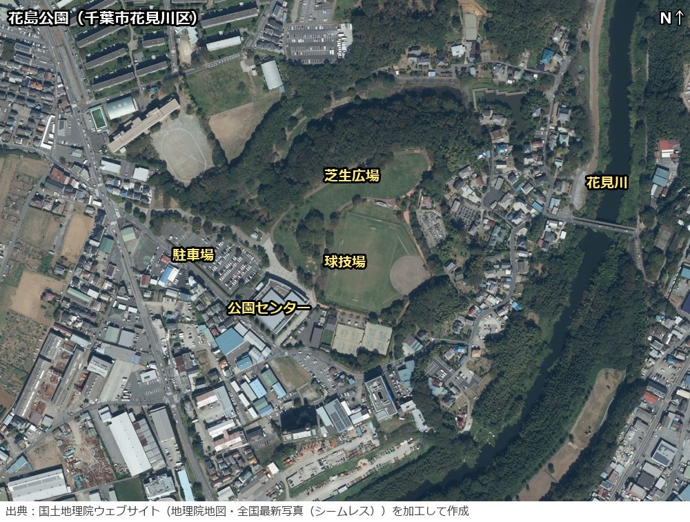 花島公園のまわりの航空写真。中央に球技場、その北に芝生広場、南西に公園センターと駐車場、東に花見川が流れている