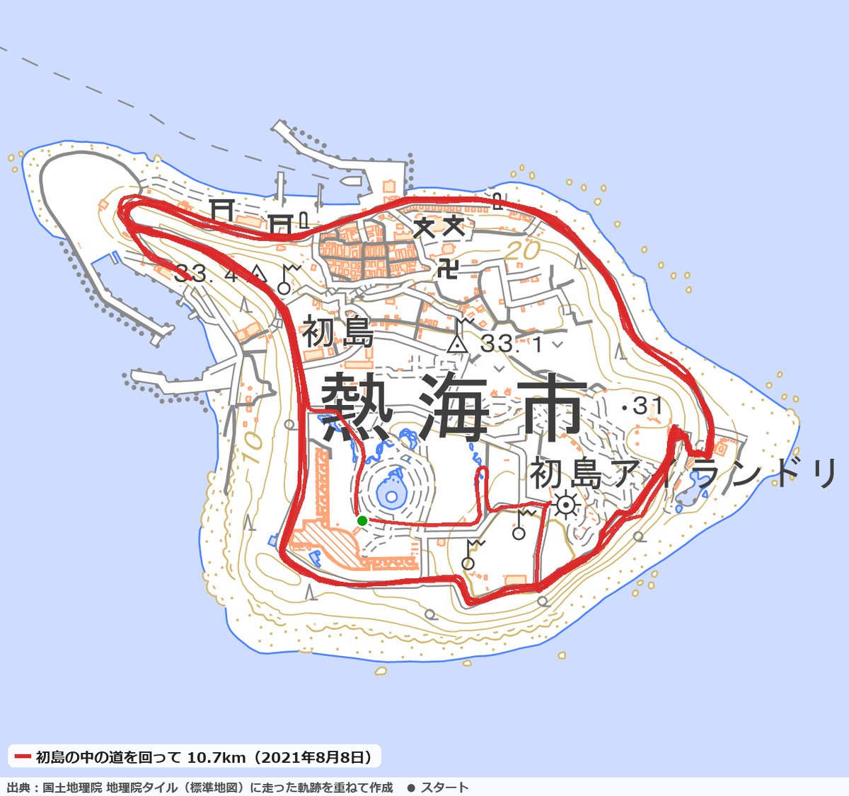 初島の中の道を4周した10.7kmのコースの地図