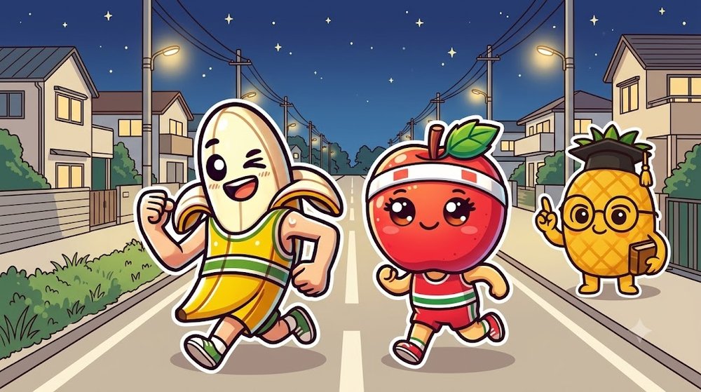 8月の夜、街灯の並ぶまっすぐな道を走る