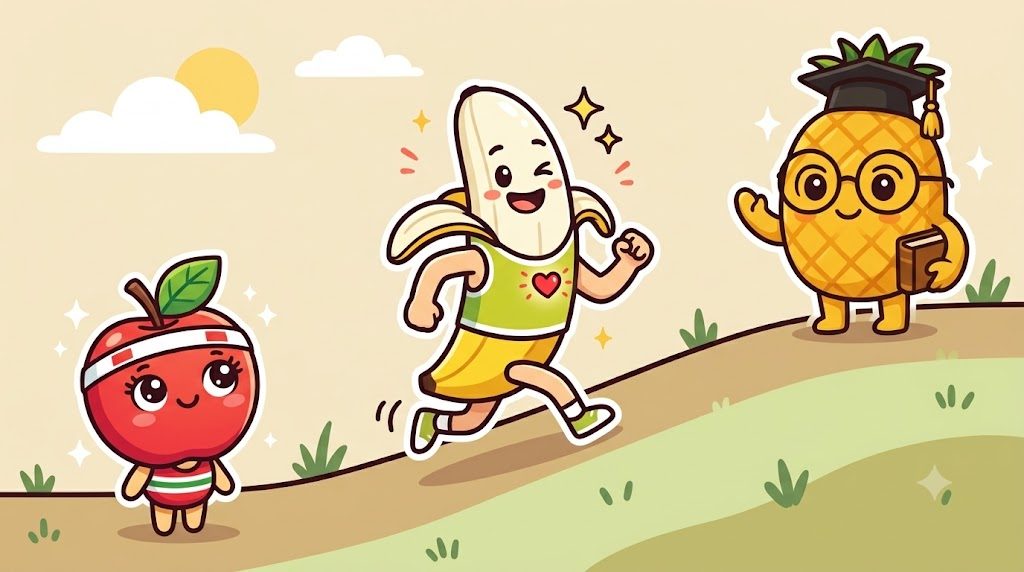 長くゆるやかに続く上り坂の道を、バナナぴろしがゆっくりジョギングで上っている。胸のハートが少し大きく光り、足もとは軽やかな説明図