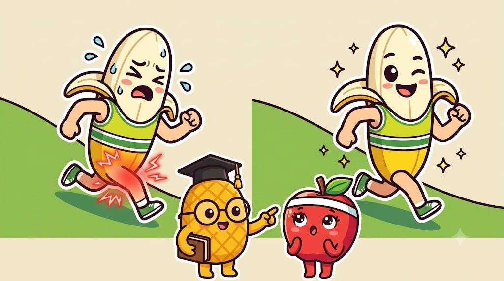 左は下り坂を走って太ももがつらそうなバナナぴろし、右は2回目の下り坂を余裕のある表情で走るバナナぴろしを比べた説明図